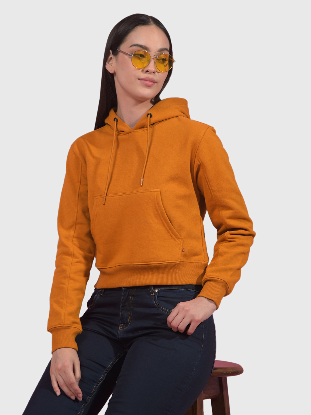 Numero Uno Women Ochre Cropped Hooded Sweatshirt